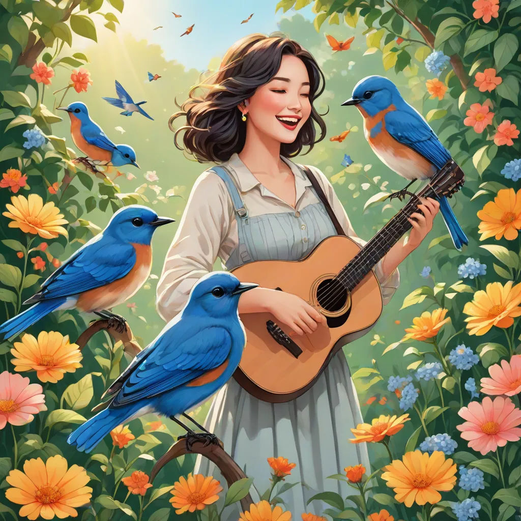 a woman holding a guitar and birds in a field of flowers and flowers with a sunbeam in the background, fantasy art, a storybook illustration, Chris LaBrooy, highly detailed digital painting