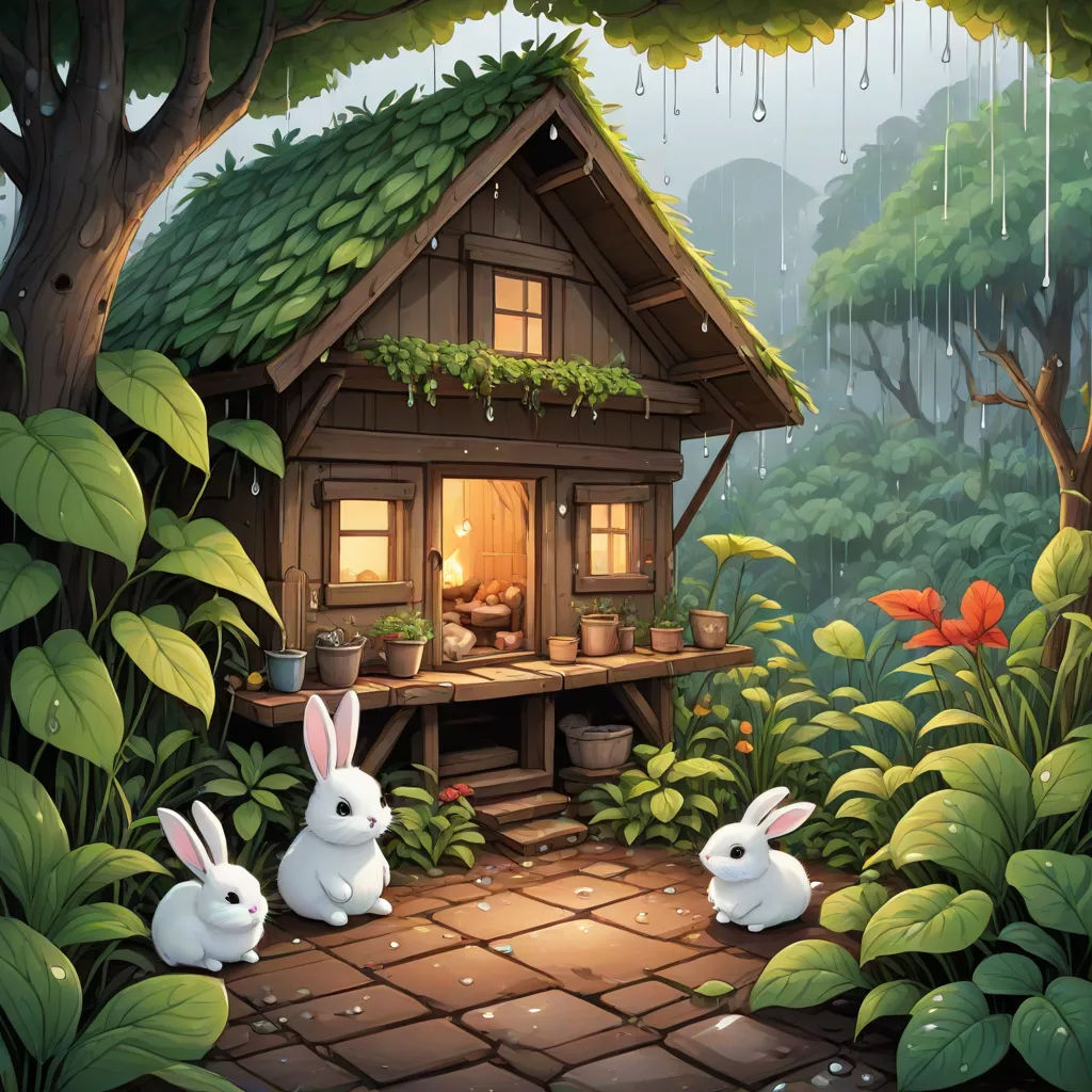 a painting of two rabbits in front of a house in the woods with rain falling down on it and a woman sitting in the window, fantasy art, a storybook illustration, Chris LaBrooy, storybook illustration