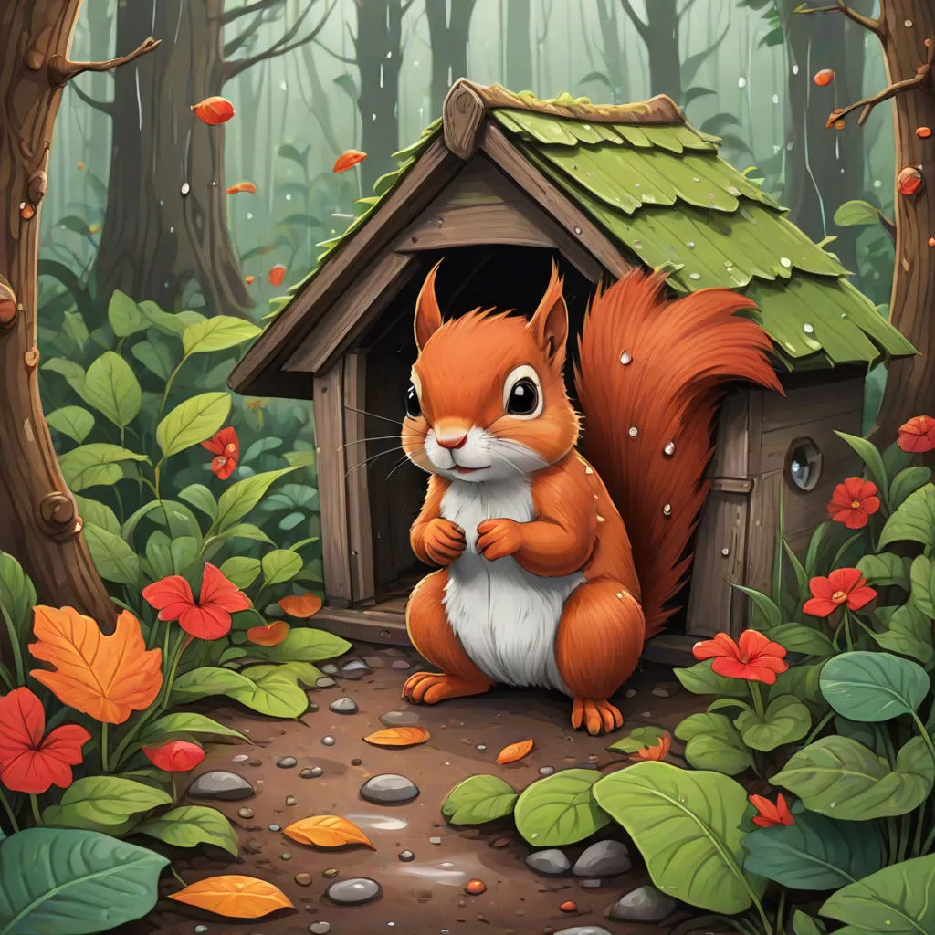 a squirrel is sitting in a birdhouse in the woods with flowers and leaves around it, and a birdhouse with a green roof, pop surrealism, a storybook illustration, Chris LaBrooy, storybook illustration