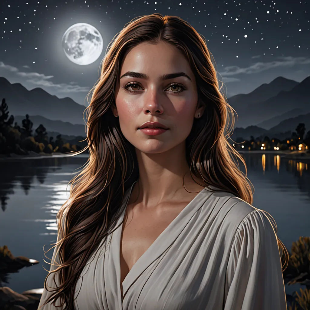 a painting of a woman in a white dress by a lake at night with a full moon in the sky, fantasy art, an oil painting, Dave Melvin, highly detailed digital painting