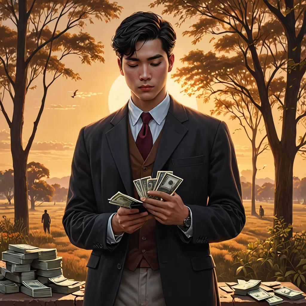 a man in a suit holding money in front of a painting of a sunset and a forest with trees, serial art, a character portrait, David Park, phuoc quan