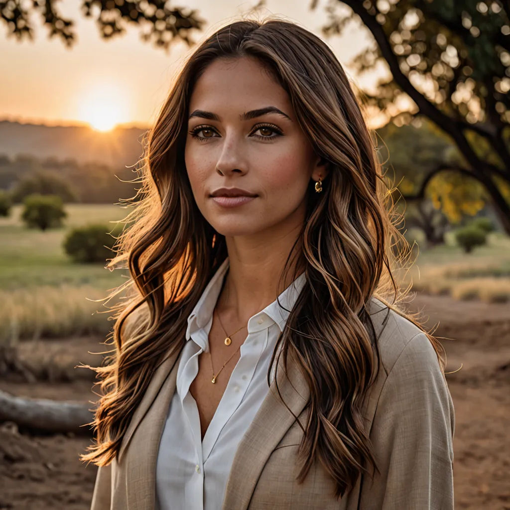 a woman standing in a field with a sunset behind her and a tree in the background with a field in the background, naturalism, a portrait, Alex Grey, promotional image
