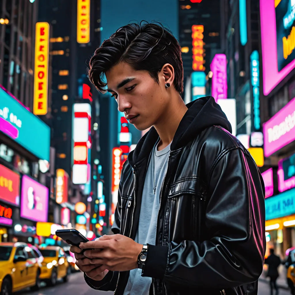 a man in a black jacket looking at his cell phone in a city at night time with neon signs, video art, a stock photo, Art & Language, city background