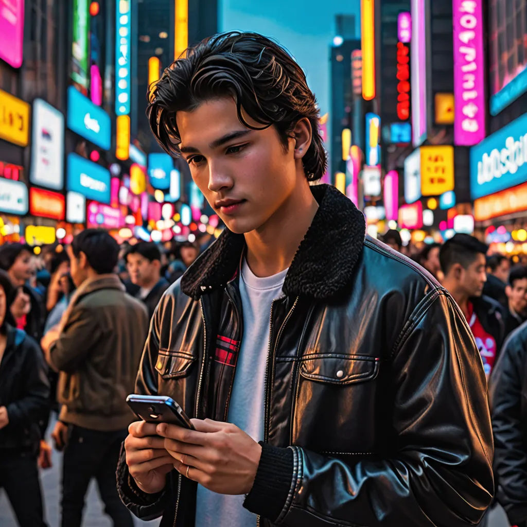a man in a leather jacket looking at his cell phone in a crowded city street at night time with neon signs, retrofuturism, a stock photo, David Park, promotional image