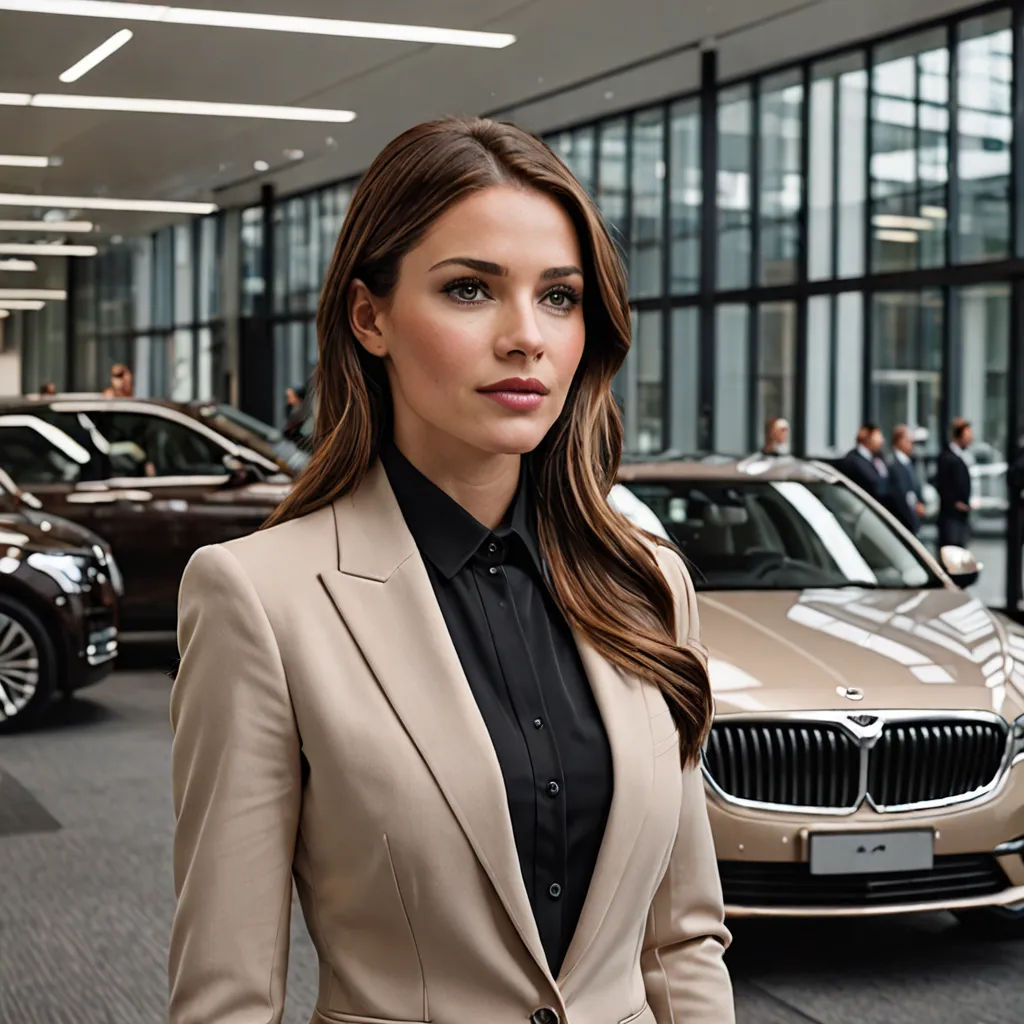 a woman in a suit standing in front of a car showroom with other cars in the background and people walking around, private press, a stock photo, Christian Hilfgott Brand, promotional image
