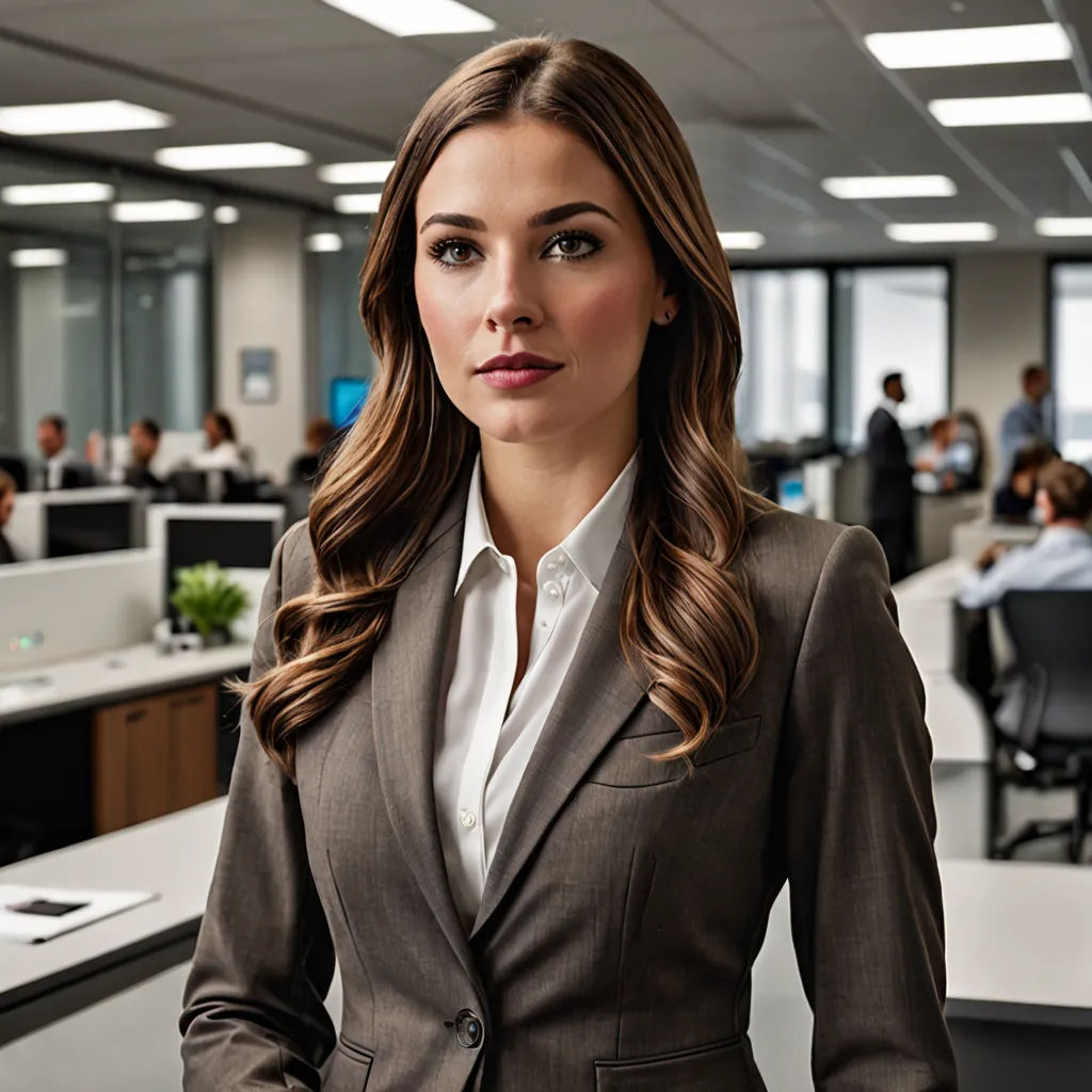 a woman in a suit standing in an office cubicle with people in the background and a desk with computers, american barbizon school, a stock photo, Christian Hilfgott Brand, promotional image