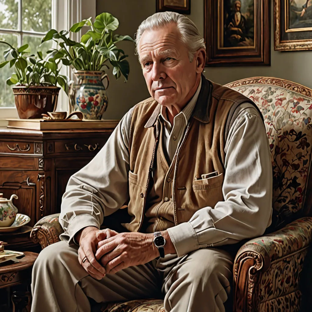 a man sitting in a chair in a room with a potted plant on the table and a painting on the wall, arts and crafts movement, a photorealistic painting, Carel Willink, extremely detailed oil painting