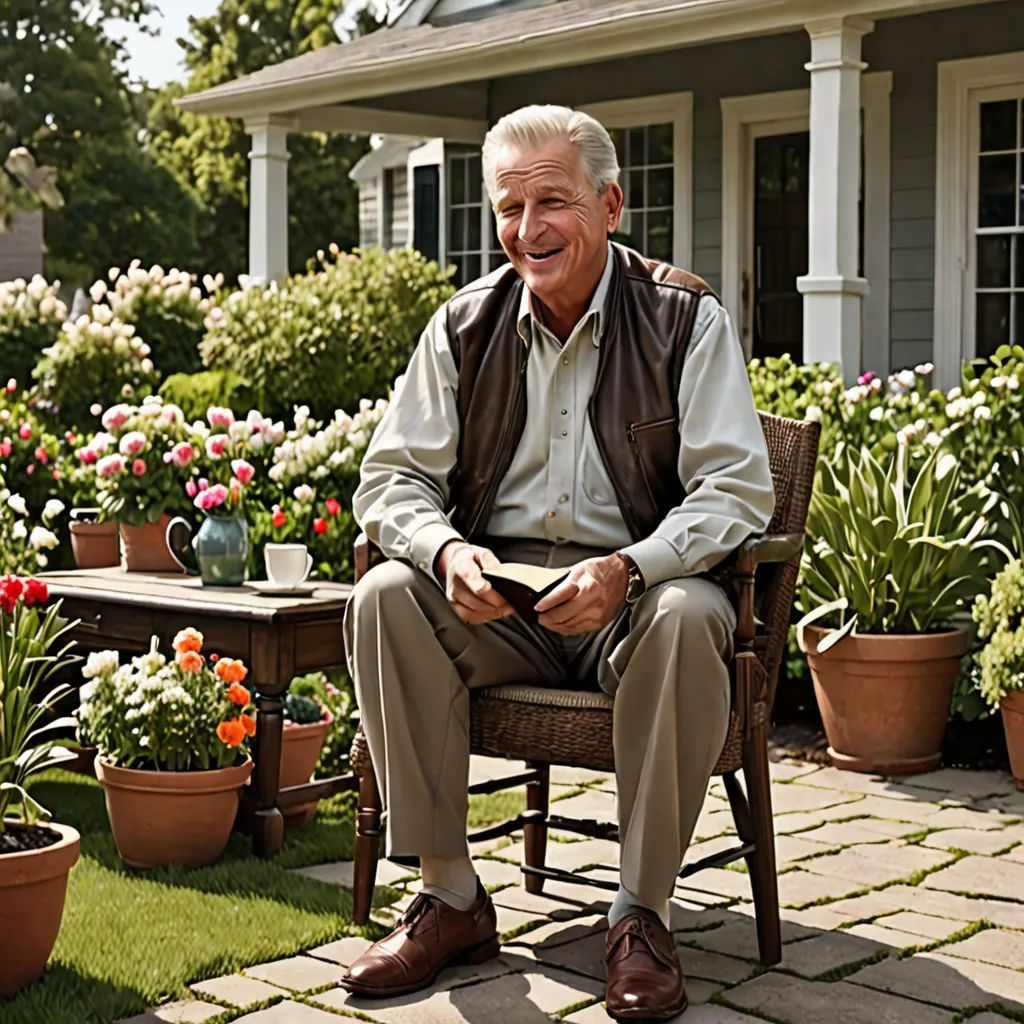 a man sitting in a chair in a garden with flowers and potted plants in the background and a house in the background, arts and crafts movement, a character portrait, Doug Ohlson, promotional image
