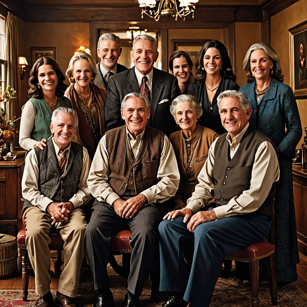 a group of people posing for a picture in a room with a chandelier and a chandelier, arts and crafts movement, a poster, Brothers Hildebrandt, promotional image