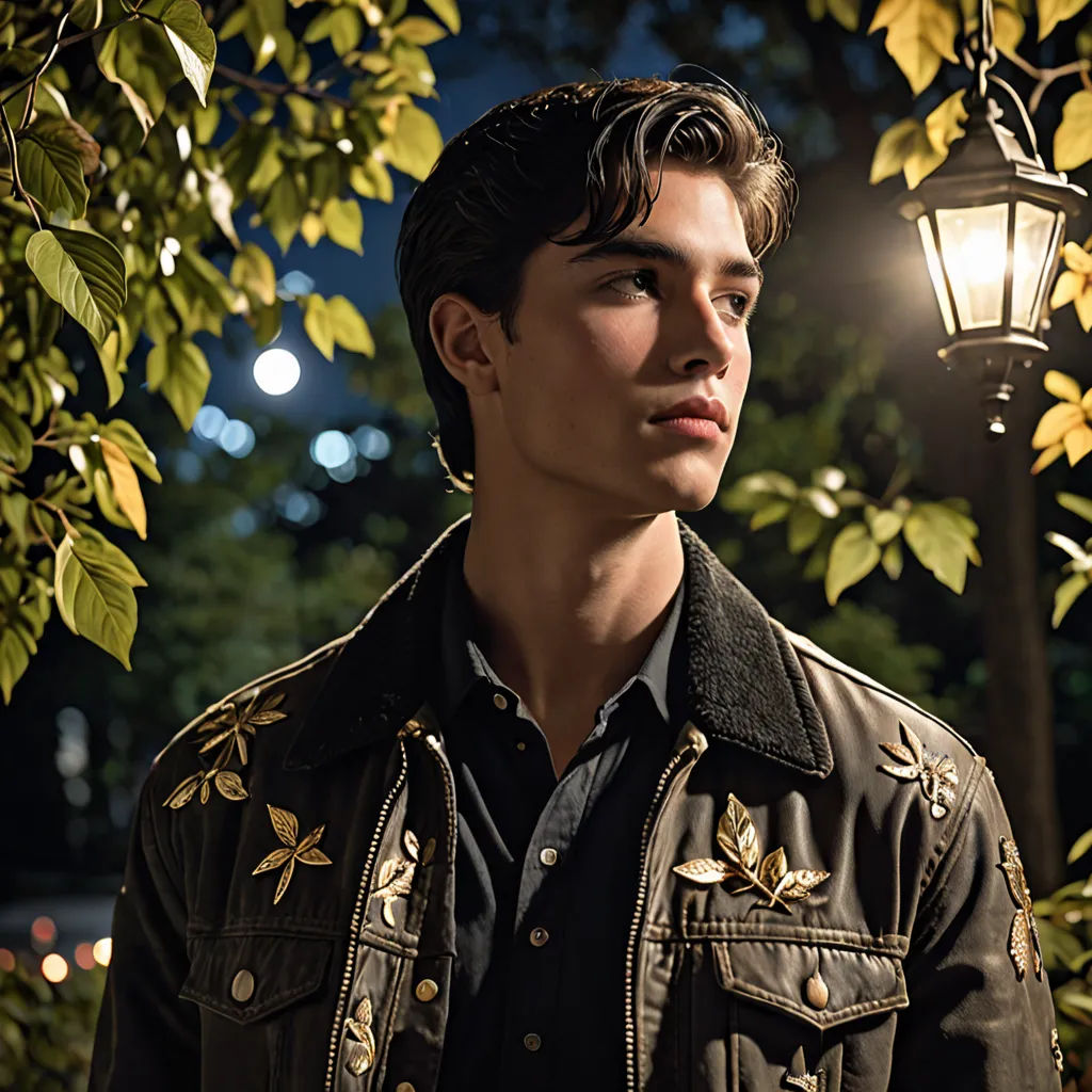 a man standing under a street light next to a tree and a lamp post with a light on it, art nouveau, a character portrait, Alexander Kucharsky, exquisite lighting