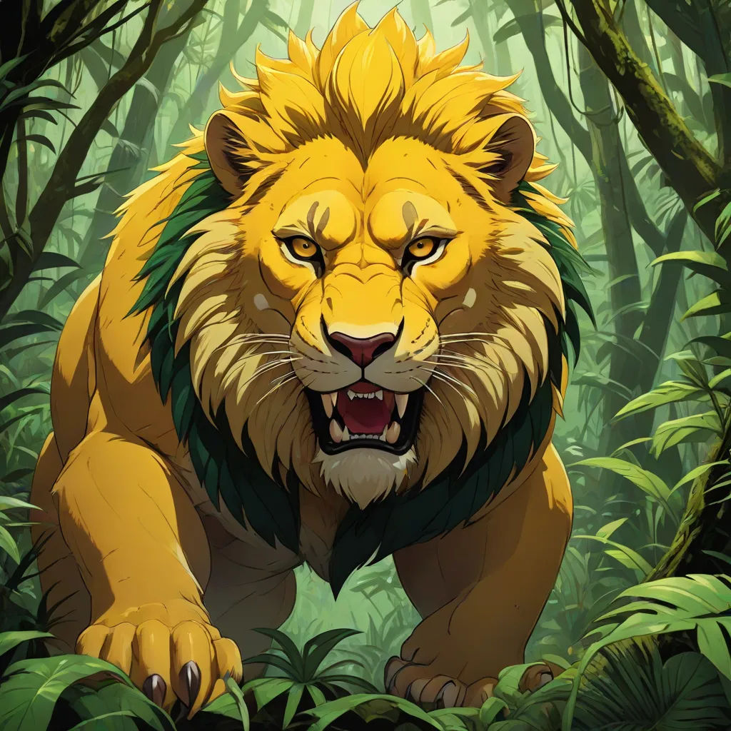 a lion is walking through the jungle with its mouth open and it's teeth wide open, with its mouth wide open, Brom, furry art, a poster, official art