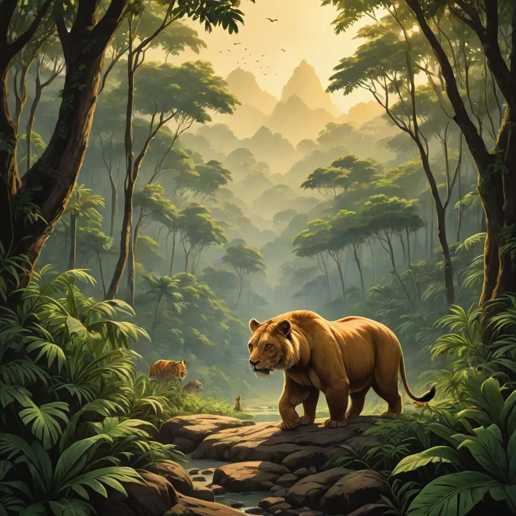 a painting of a bear in a jungle with other animals in the background and a mountain range in the distance, Christophe Vacher, fantasy art, a detailed matte painting, jungle