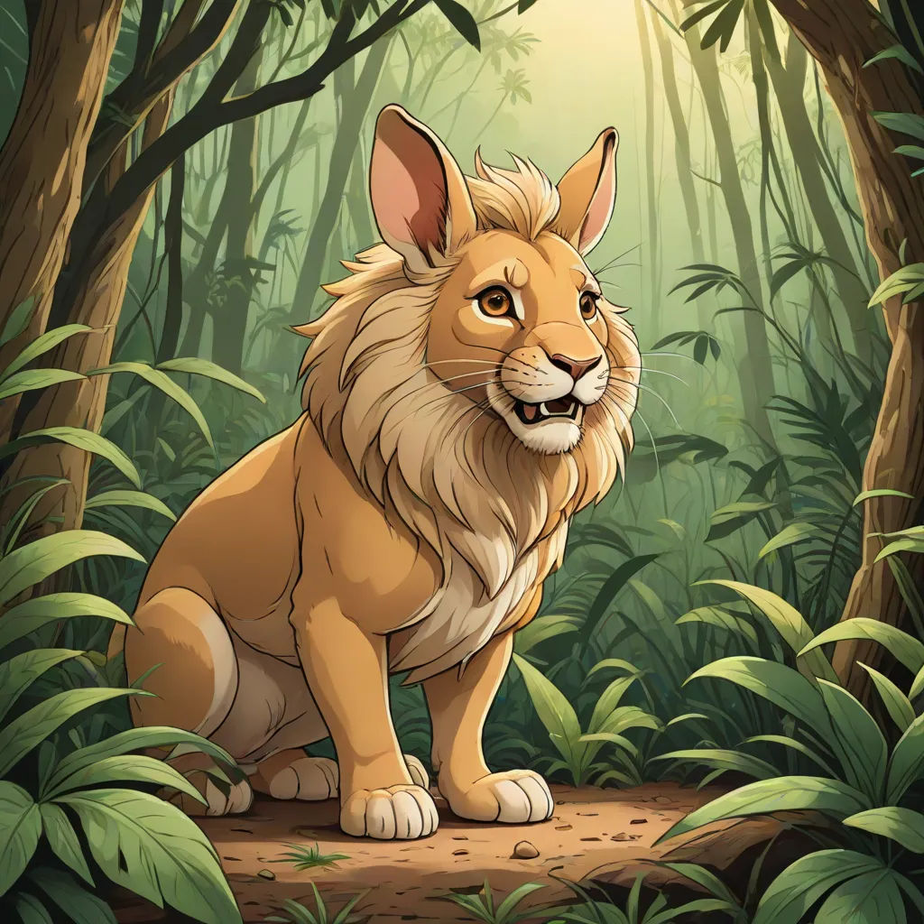 a lion sitting in the middle of a forest with a light shining on it's face and a jungle background, Chris LaBrooy, furry art, a character portrait, official art