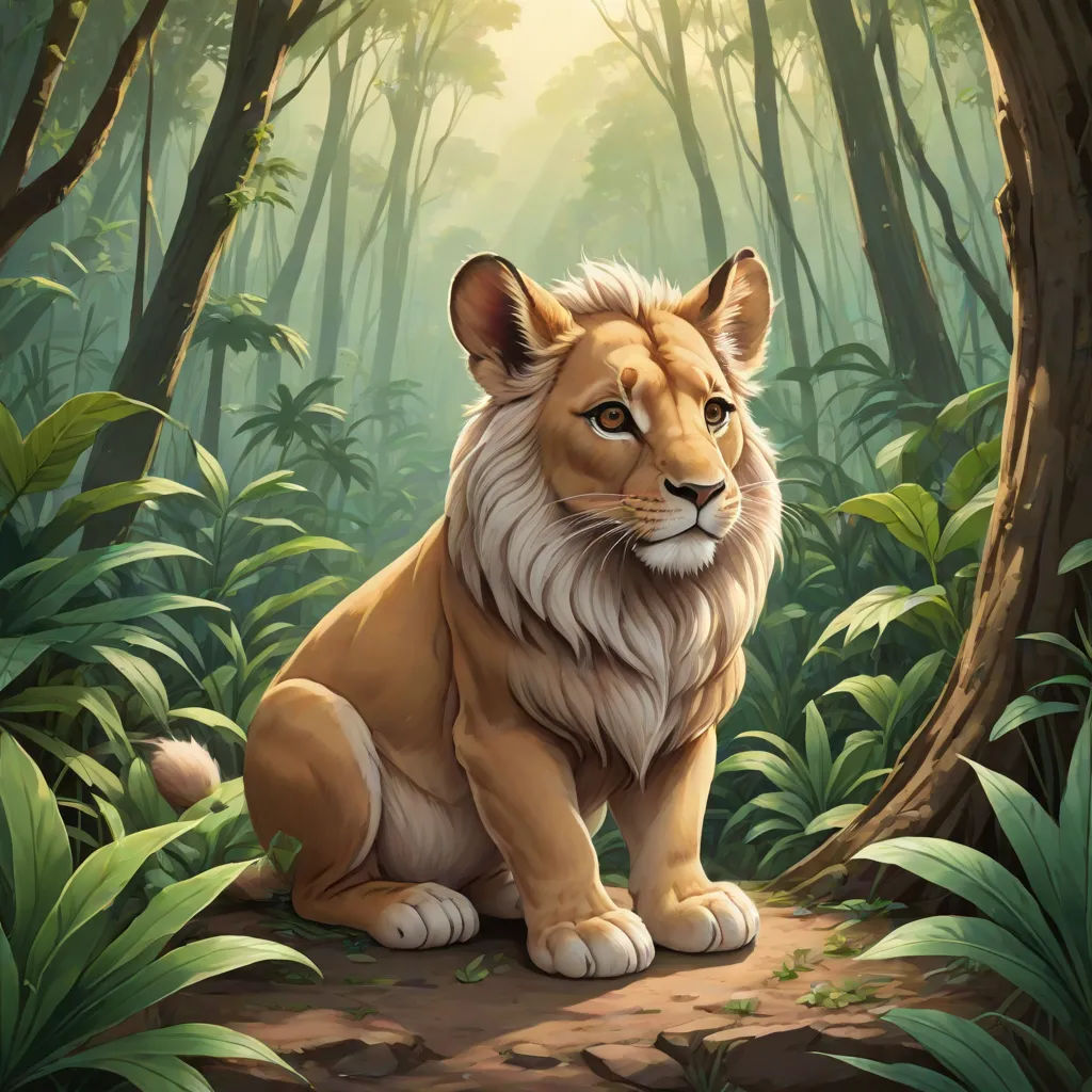 a lion sitting in the middle of a forest with trees and plants around it's edges and a sunbeam, Chris LaBrooy, fantasy art, a painting, official art