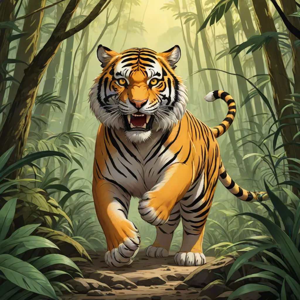 a tiger is walking through a jungle with trees and rocks in the foreground and a sunlit background, Dan Mumford, furry art, a storybook illustration, official art