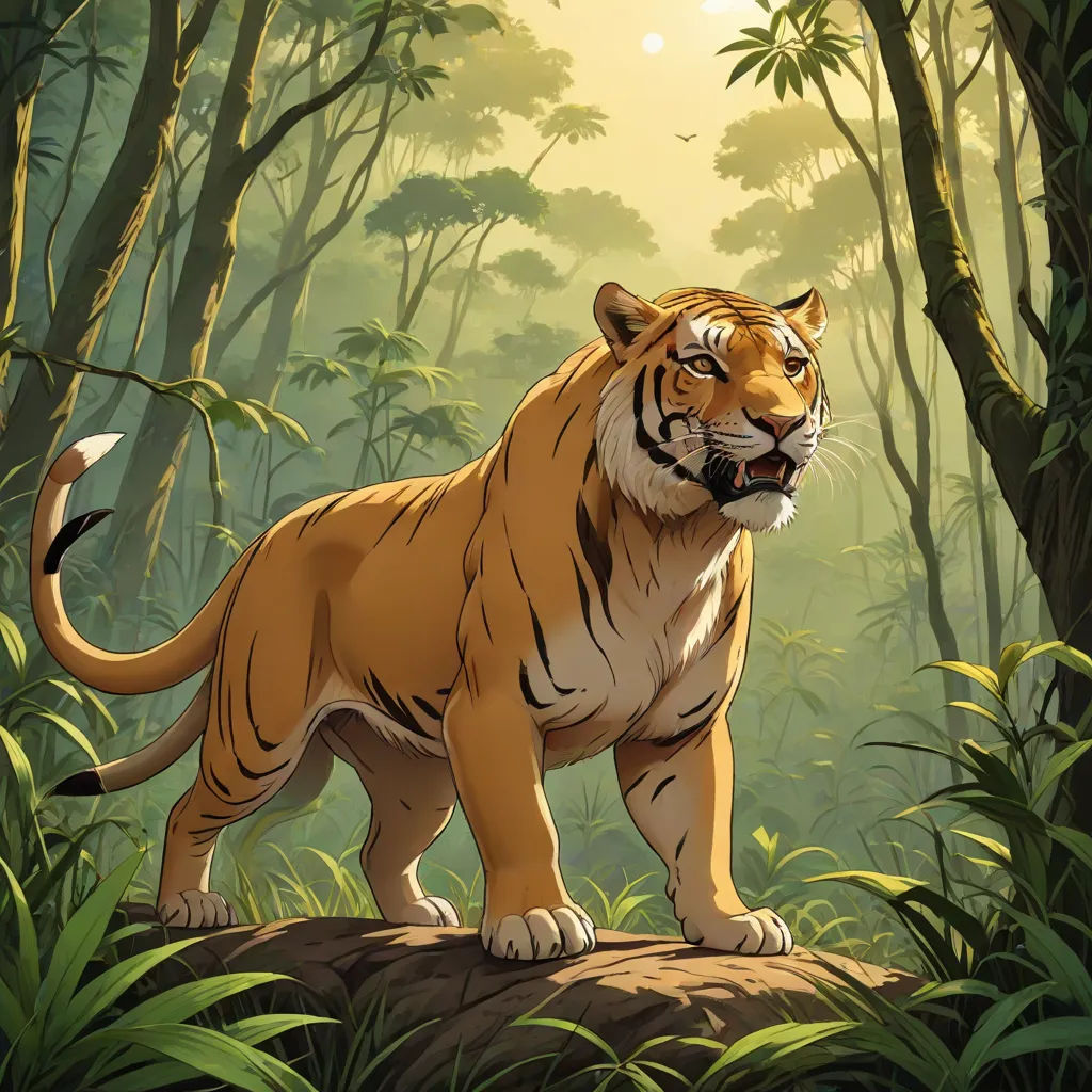a tiger standing on a rock in a jungle with trees and plants around it, with the sun shining through the trees, Brom, furry art, an illustration of, official art