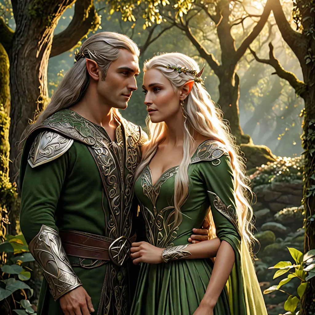 a man and a woman dressed in green standing in a forest together, with trees in the background and sunlight shining through the trees, Fabien Charuau, fantasy art, a poster, promotional image