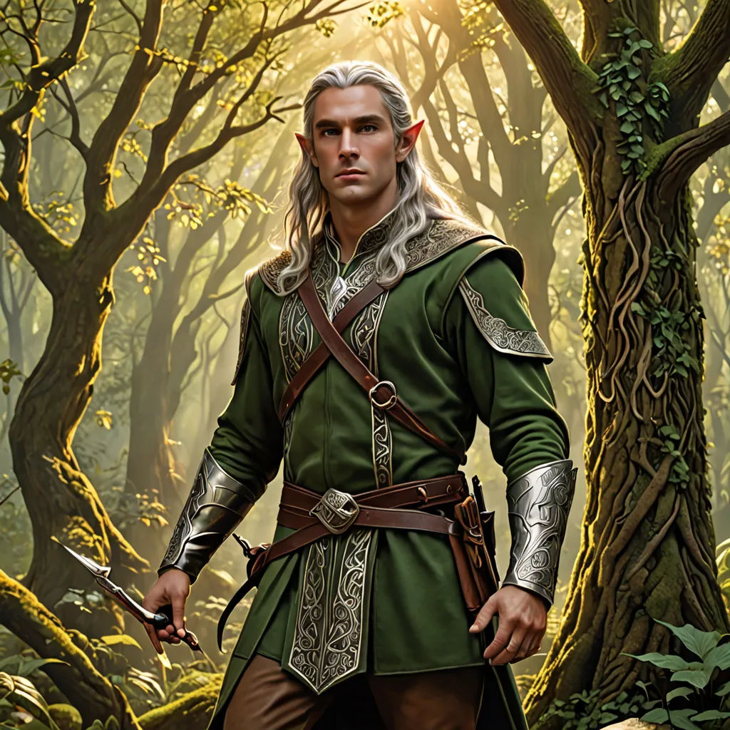 a man in a green outfit holding a sword in a forest with trees and bushes behind him, with a sun shining through the trees, Clint Cearley, fantasy art, a character portrait, magic the gathering artwork