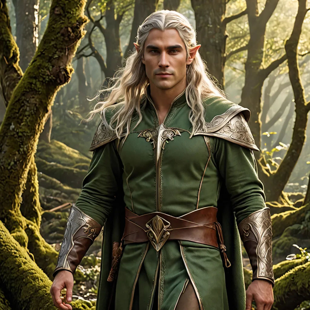a man dressed in a green outfit standing in a forest with trees and mossy ground behind him and a sword in his hand, Daryush Shokof, fantasy art, a character portrait, weta digital