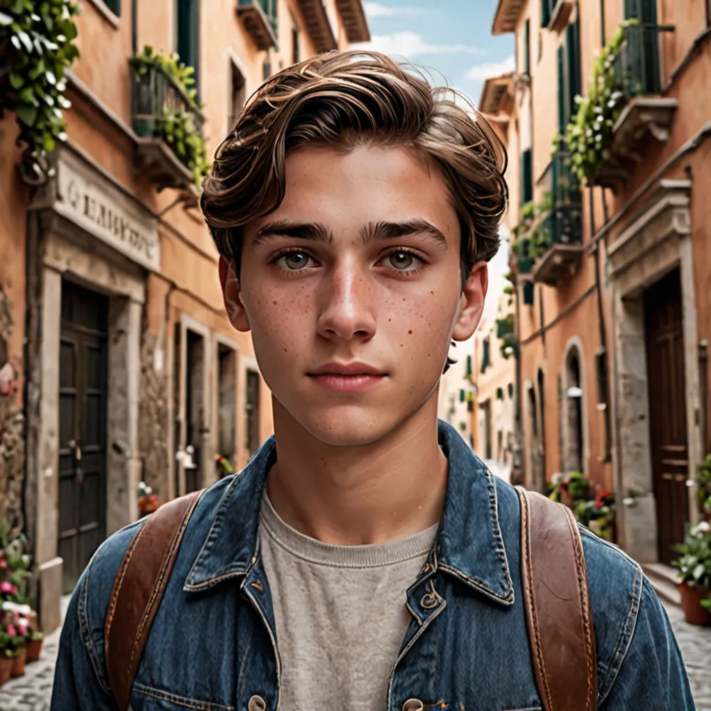 a young man standing in front of a building with a clock on it's face and a backpack on his shoulder, Enrico Baj, photorealism, a photorealistic painting, portrait photography