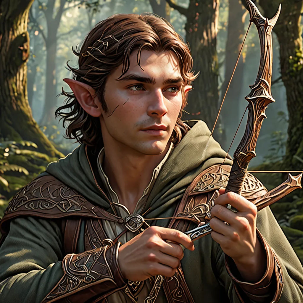 a man in a forest holding a bow and arrow in his hands and looking at the camera with a serious look on his face, Clint Cearley, fantasy art, a character portrait, epic fantasy character art