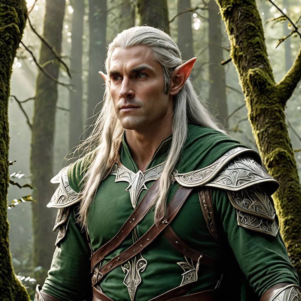a man in a green outfit standing in a forest with trees and moss on the ground and a forest background, Andor Basch, fantasy art, a character portrait, epic fantasy character art