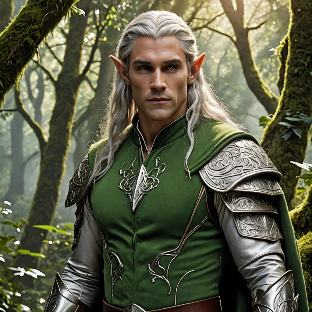 a man in a green outfit standing in a forest with trees and bushes behind him, with a sword in his hand, Fabien Charuau, fantasy art, a character portrait, weta digital