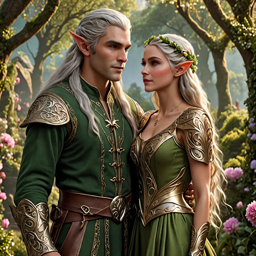 a man and a woman dressed in medieval clothing standing in a forest with flowers and trees in the background, Fabien Charuau, fantasy art, computer graphics, official art