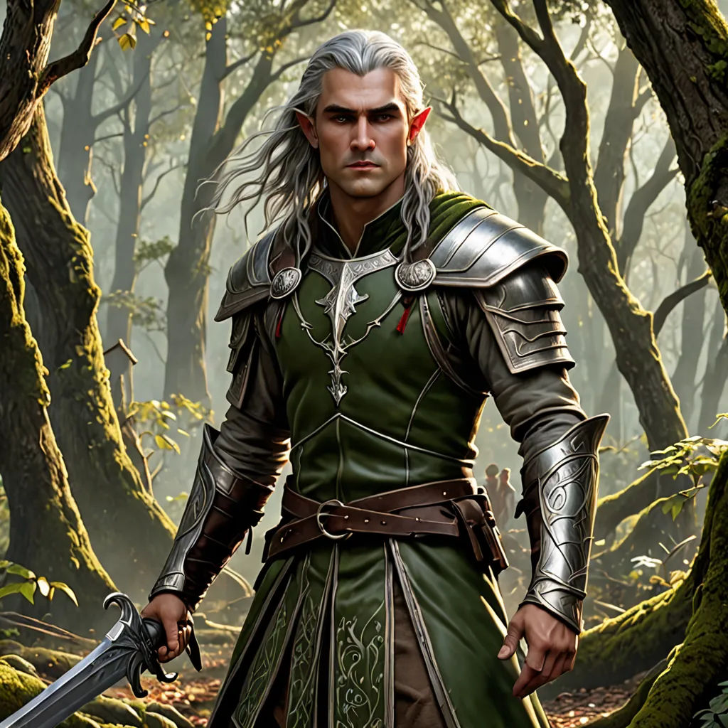 a man in a green outfit holding a sword in a forest with trees and moss on the ground and a forest floor, Clint Cearley, fantasy art, a character portrait, magic the gathering artwork