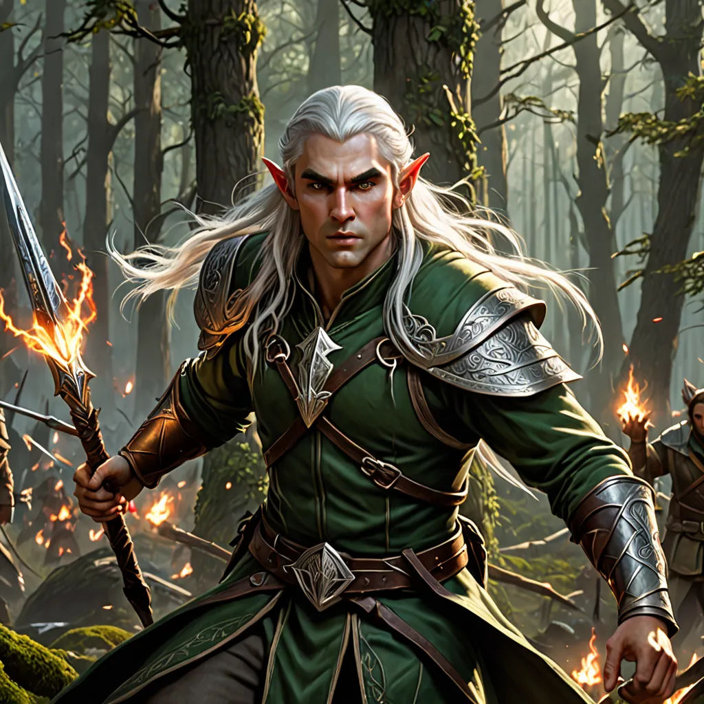 a man in a green outfit holding two swords in a forest with fire coming from his hands and a sword in his other hand, Clint Cearley, fantasy art, concept art, magic the gathering artwork