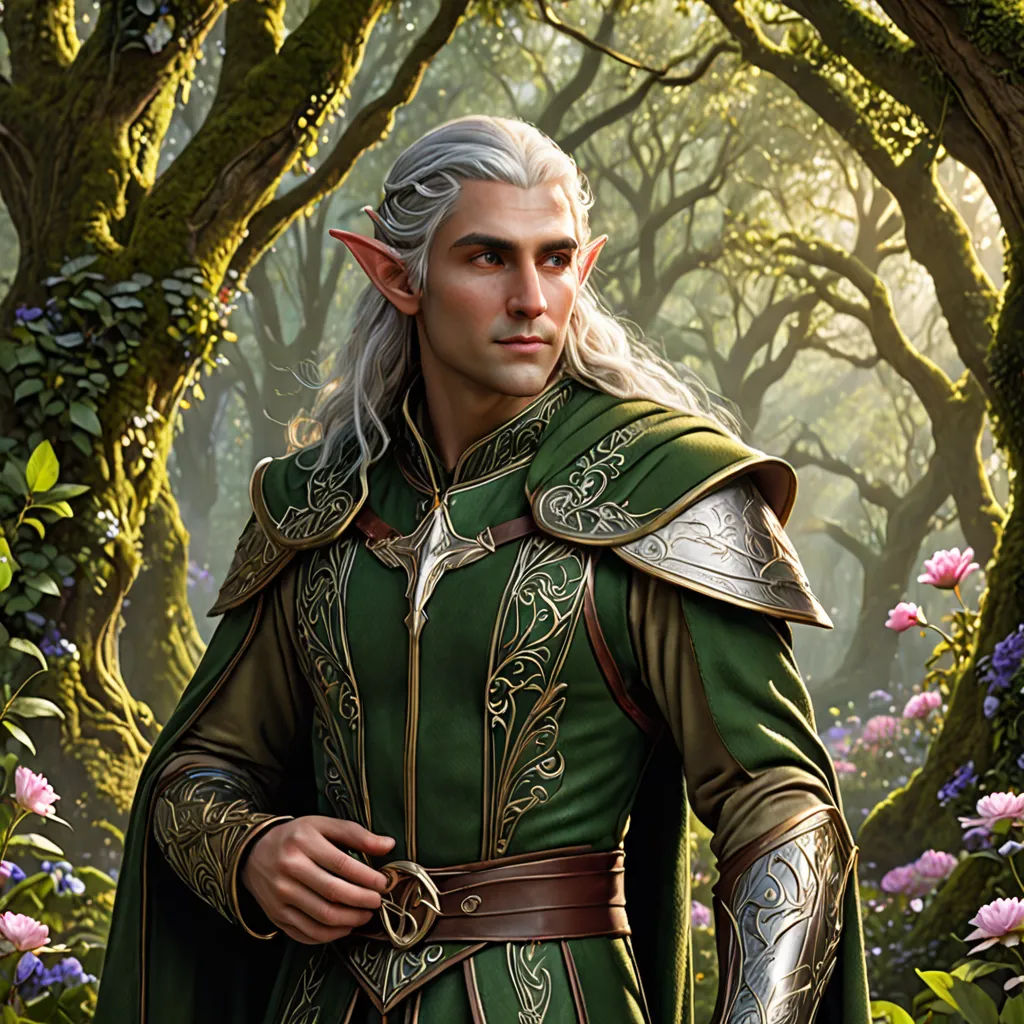 a man in a green outfit standing in a forest with flowers and trees behind him and a forest with flowers and trees behind him, Clint Cearley, fantasy art, a character portrait, magic the gathering artwork