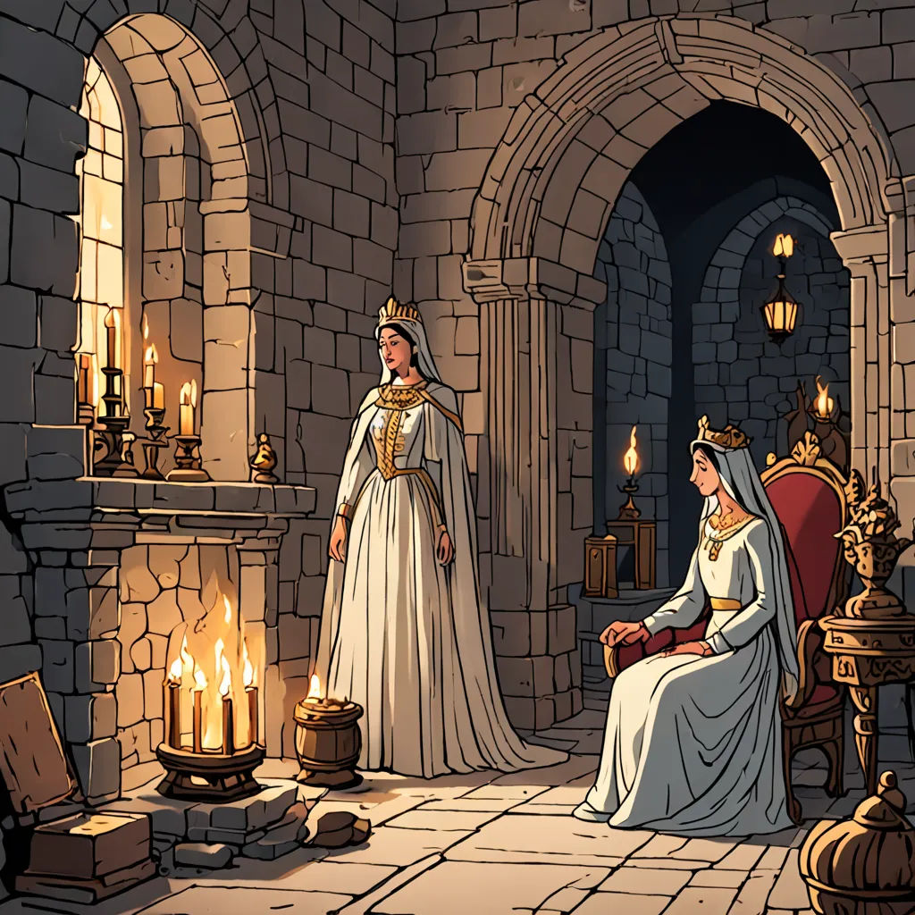a cartoon of a woman in a white dress and a man in a white dress in a castle setting, fantasy art, a storybook illustration, Colin Middleton, storybook illustration