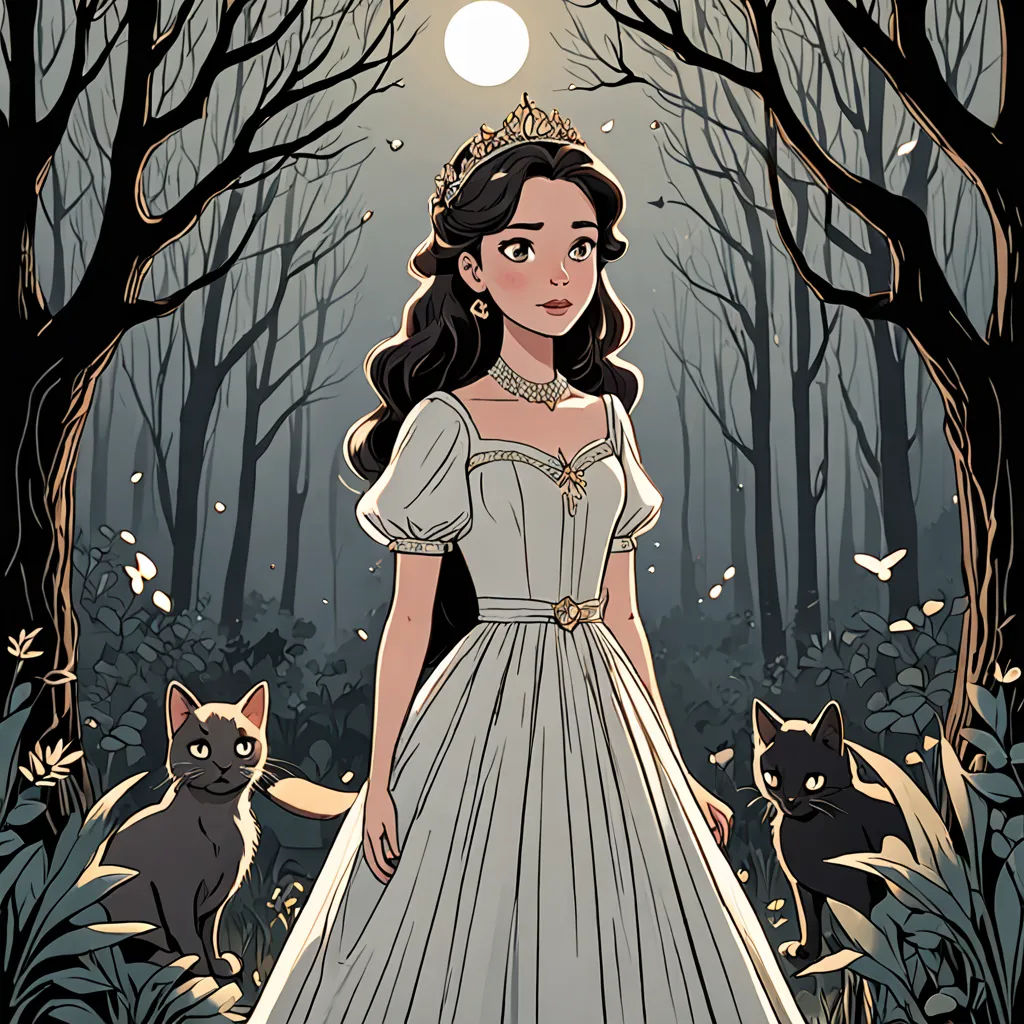 a woman in a white dress standing in a forest with a cat nearby and a full moon in the sky, gothic art, a storybook illustration, Clarice Beckett, storybook illustration