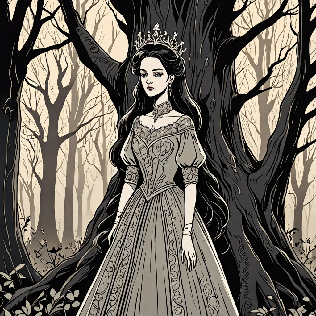 a woman in a dress standing in front of a tree with a crown on her head and a crown on her head, gothic art, a storybook illustration, Dirk Crabeth, storybook illustration