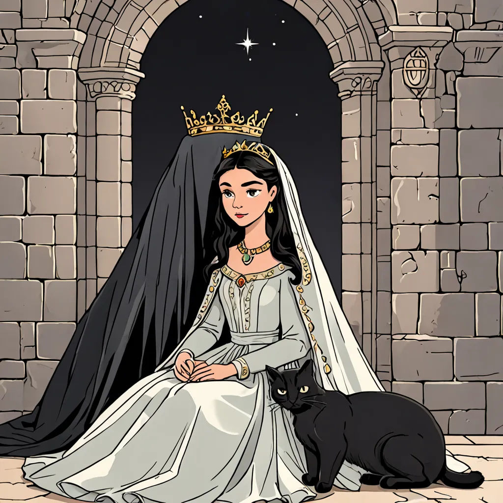 a woman in a wedding dress sitting next to a black cat in front of a doorway with a crown on, gothic art, a storybook illustration, Dirk Crabeth, storybook illustration