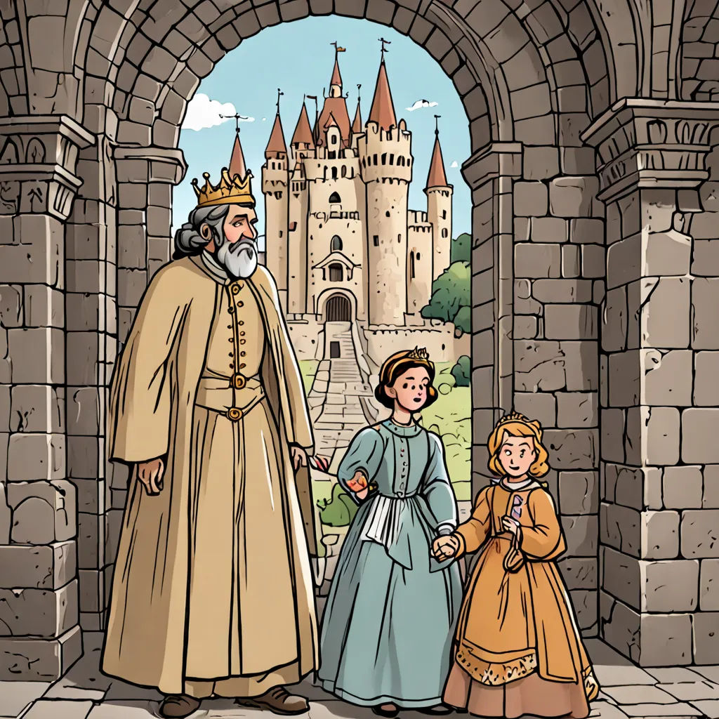 a cartoon of a man and woman standing in front of a castle entrance with a child in front of them, fantasy art, a storybook illustration, Edward Sorel, storybook illustration
