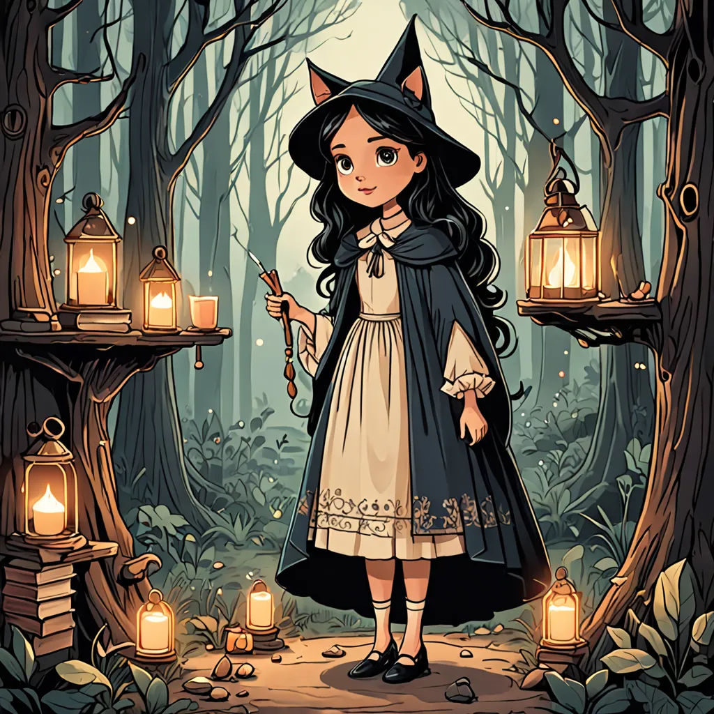 a little girl dressed in a witch costume standing in a forest with candles and a cat on her head, fantasy art, a storybook illustration, Alice Prin, fantasy illustration