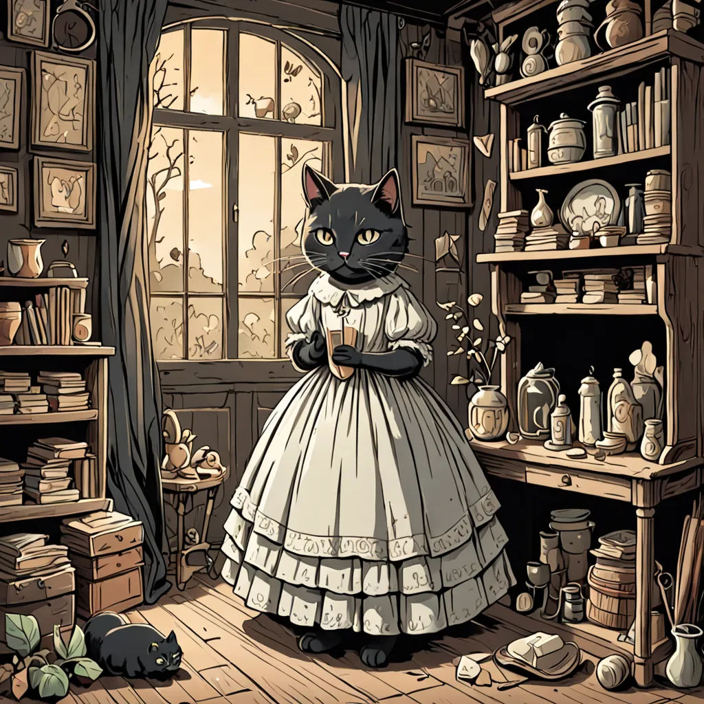 a black cat in a white dress standing in a room with a window and shelves full of books and other items, gothic art, a storybook illustration, Ann Thetis Blacker, fantasy illustration