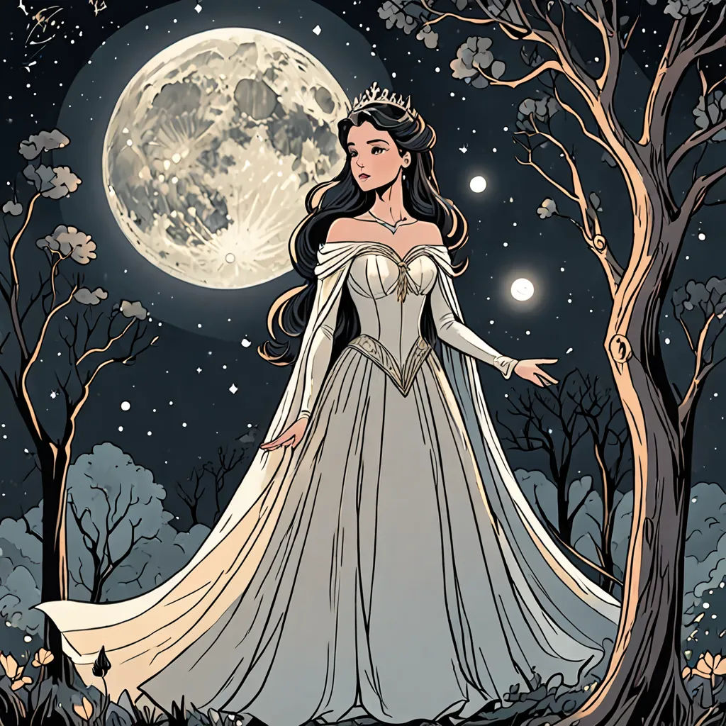 a woman in a white dress standing in front of a tree with a full moon behind her and a tree with leaves and branches, fantasy art, a storybook illustration, Anne Stokes, comic cover art