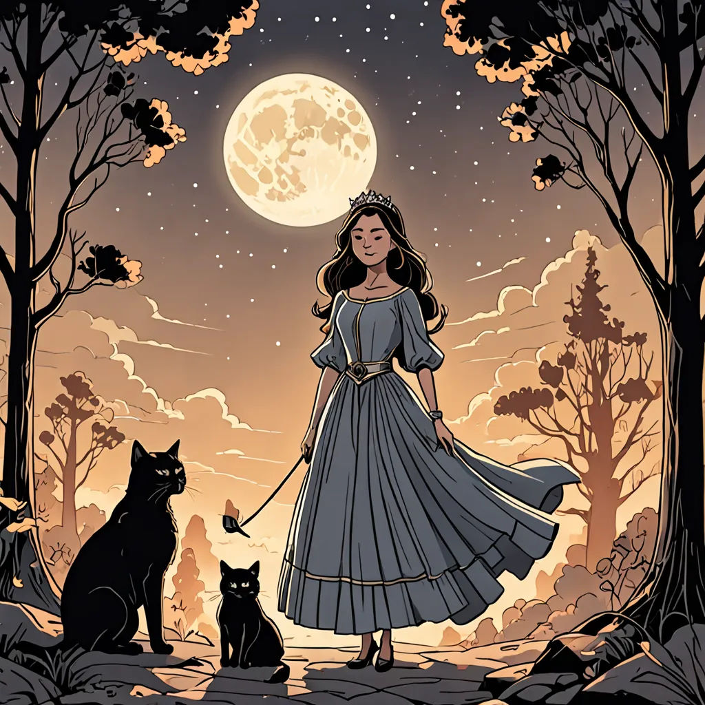 a woman in a dress standing next to a cat and a dog in a forest at night with a full moon, fantasy art, a storybook illustration, Dan Mumford, comic cover art