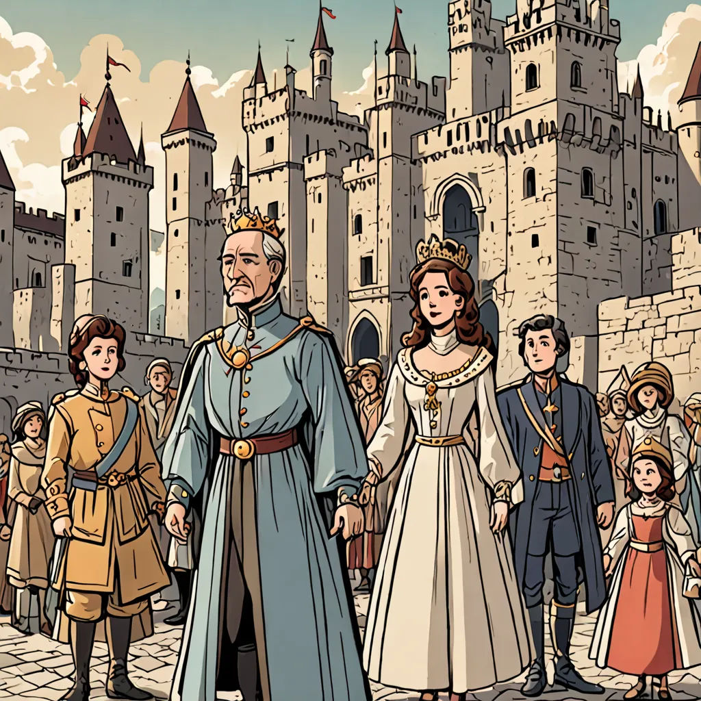 a cartoon of a man and woman in medieval dress standing in front of a castle with a crowd of people, magical realism, a storybook illustration, Farel Dalrymple, storybook illustration