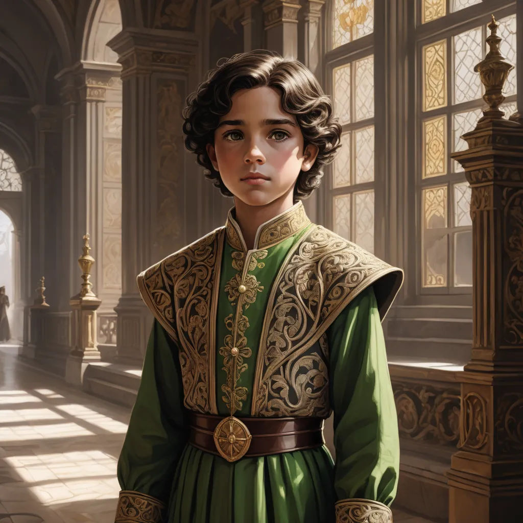 a painting of a young girl in a green dress and gold trimmed coat and a brown belt, standing in a large hall, fantasy art, an ultrafine detailed painting, Clint Cearley, mars ravelo and greg rutkowski