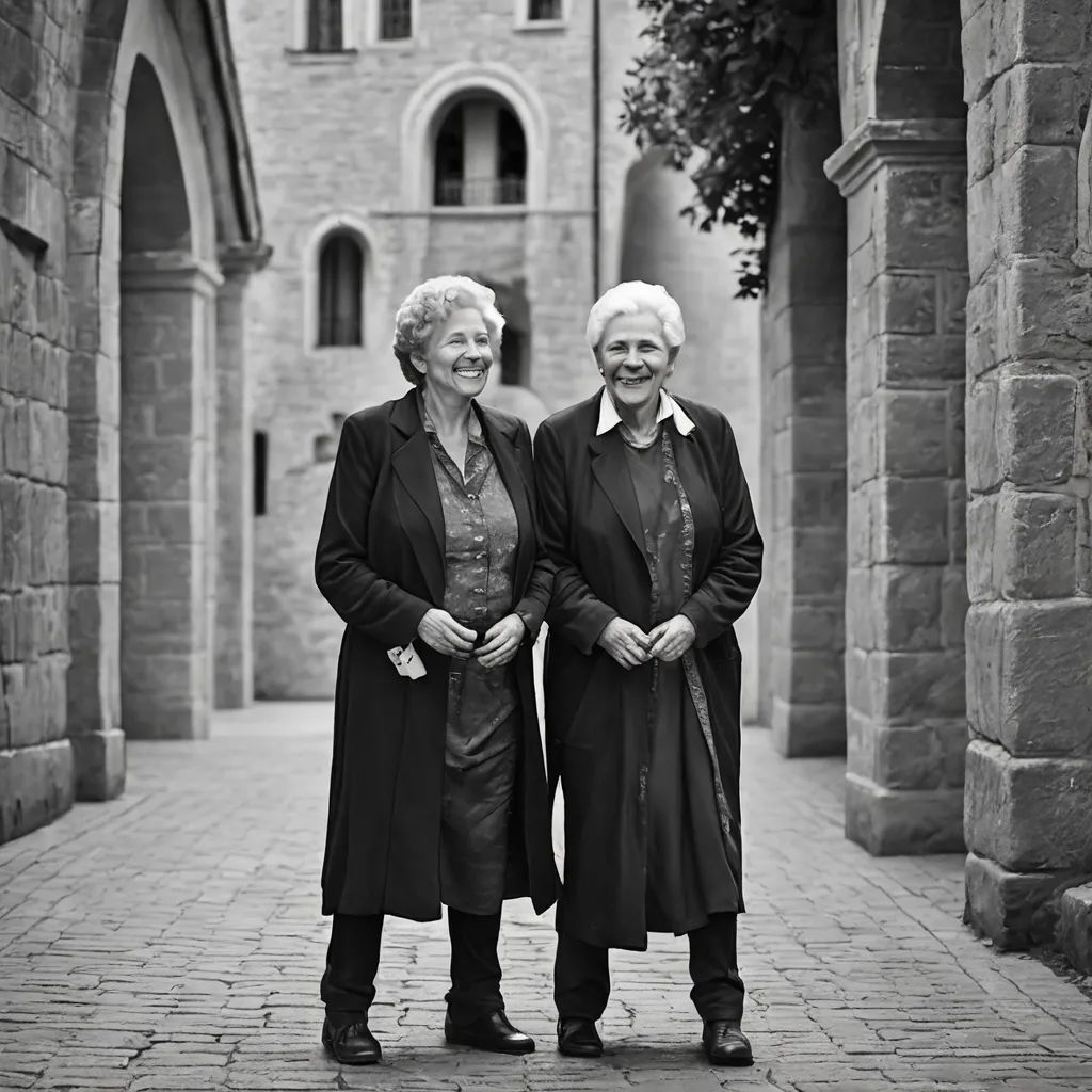 two women standing next to each other on a brick walkway in front of a building with arches and arches, romanesque, a flemish Baroque, Bettina Heinen-Ayech, neo-gothic