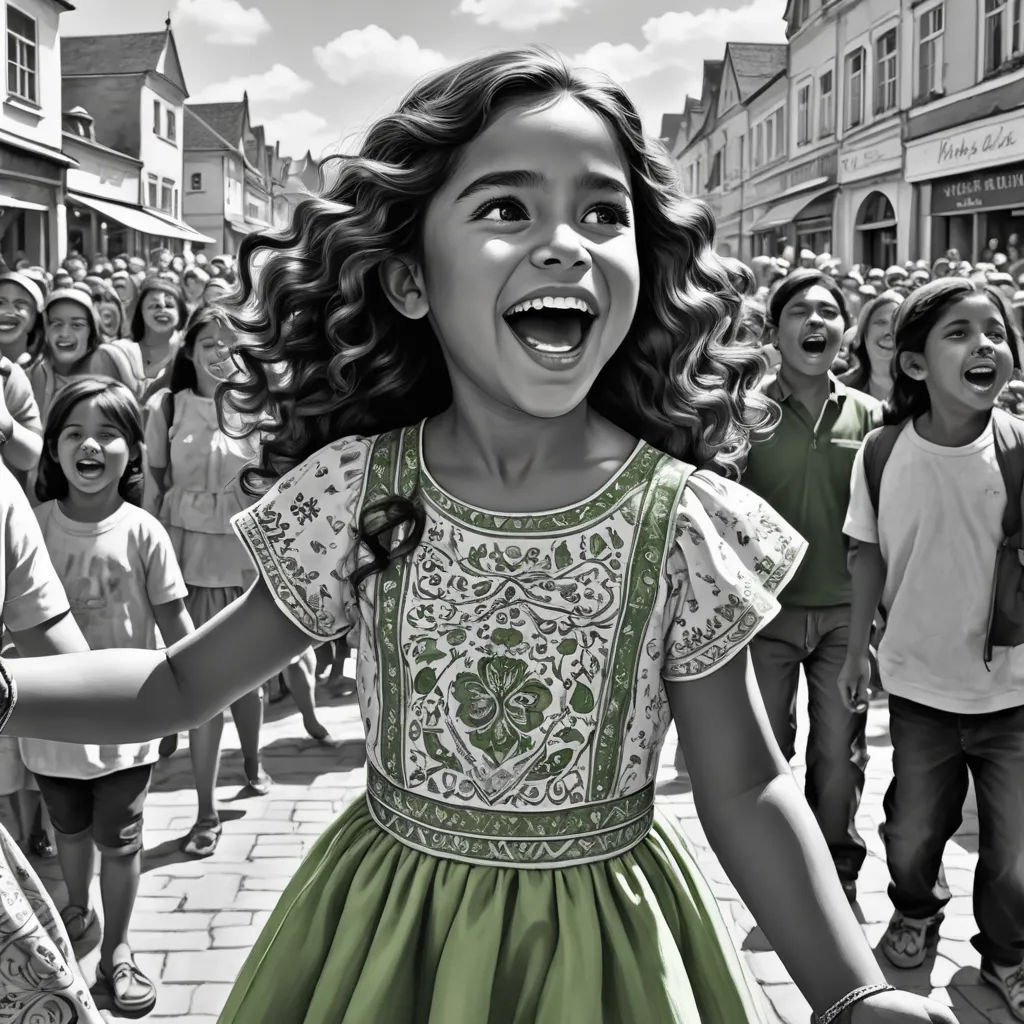 a little girl in a green dress is smiling and surrounded by a crowd of people in a city street, photorealism, a photorealistic painting, Ella Guru, highly detailed digital painting