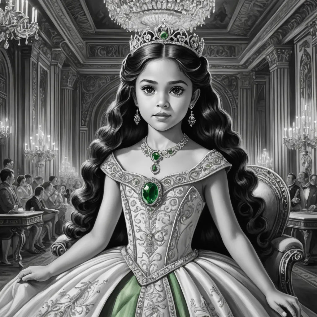 a drawing of a girl in a princess dress with a tiara on her head and a green necklace, gothic art, an ultrafine detailed painting, Alice Prin, highly detailed digital painting