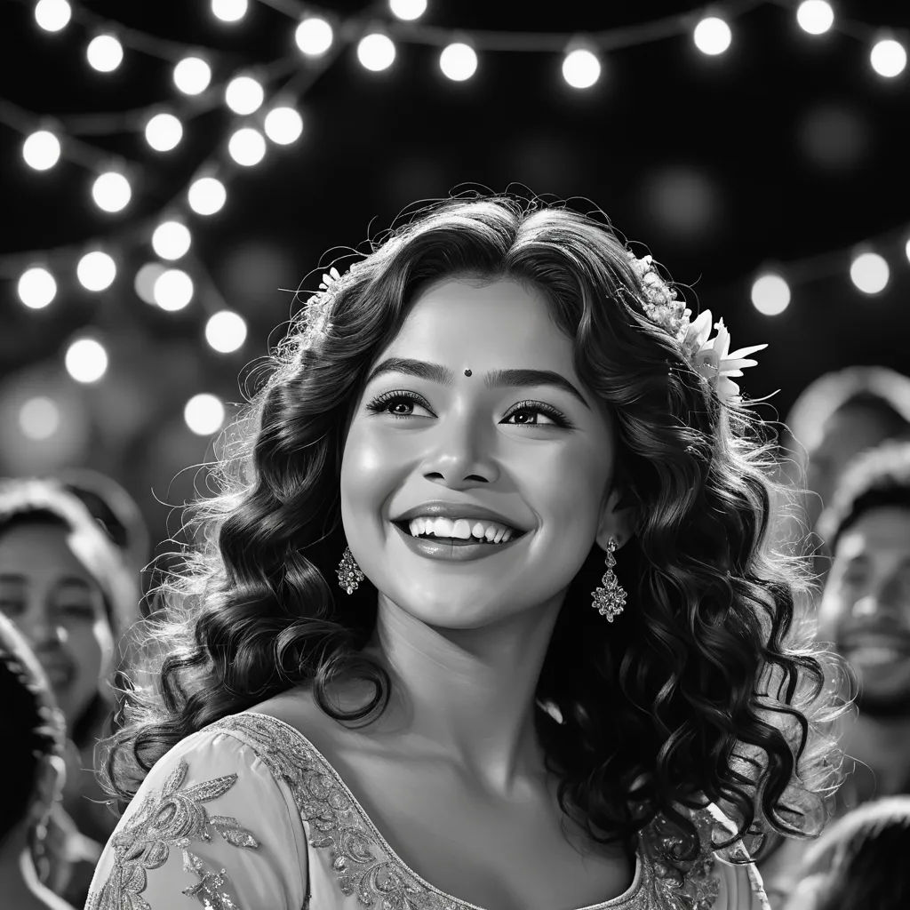a woman smiling in front of a crowd of people wearing headdress and lights in the background of a black and white photo, samikshavad, a black and white photo, Ella Guru, movie still frame