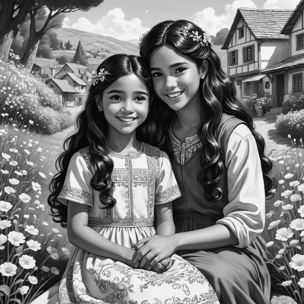 a painting of two girls sitting on a bench in front of a house and flowers in the grass, with a house in the background, fantastic realism, an ultrafine detailed painting, Brad Kunkle, highly detailed digital painting