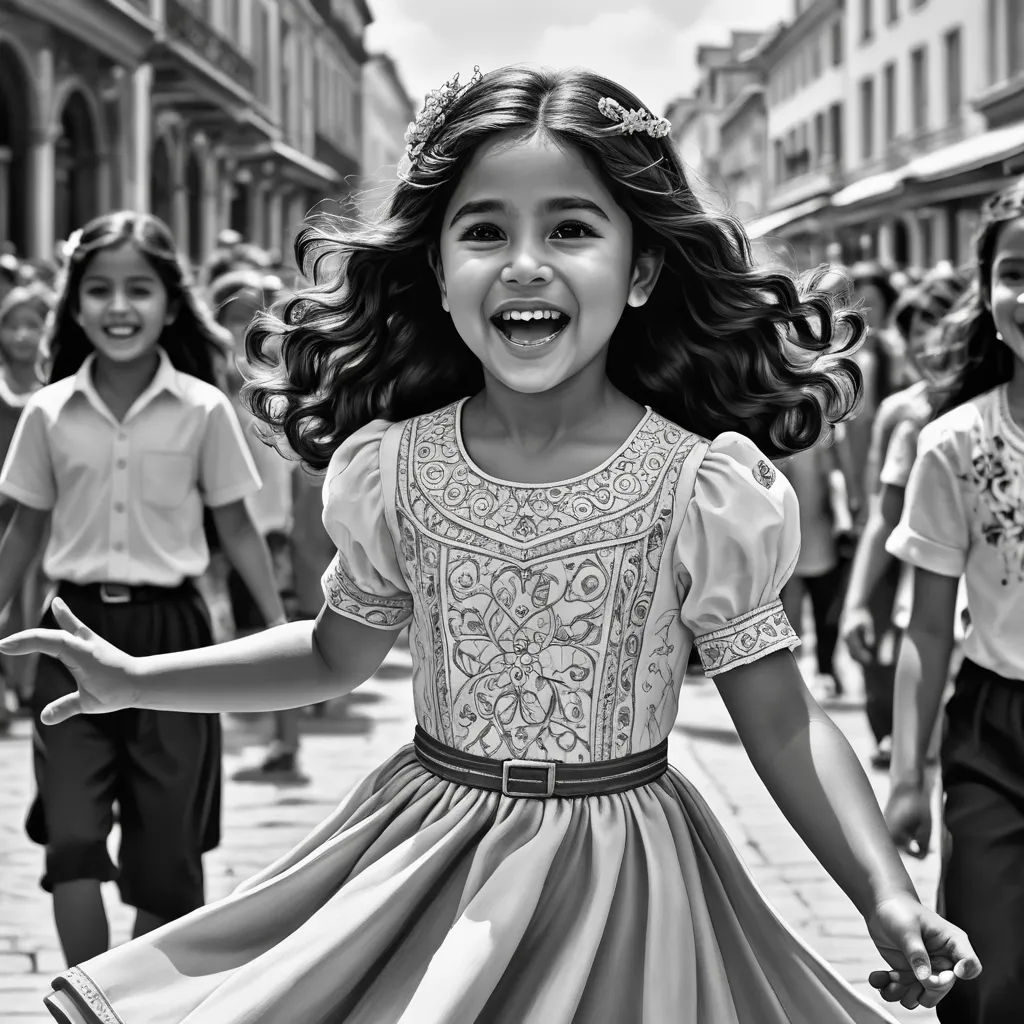 a little girl in a dress is dancing on a street with other children in the background and a black and white photo, photorealism, a black and white photo, Brad Kunkle, ultra realistic digital art