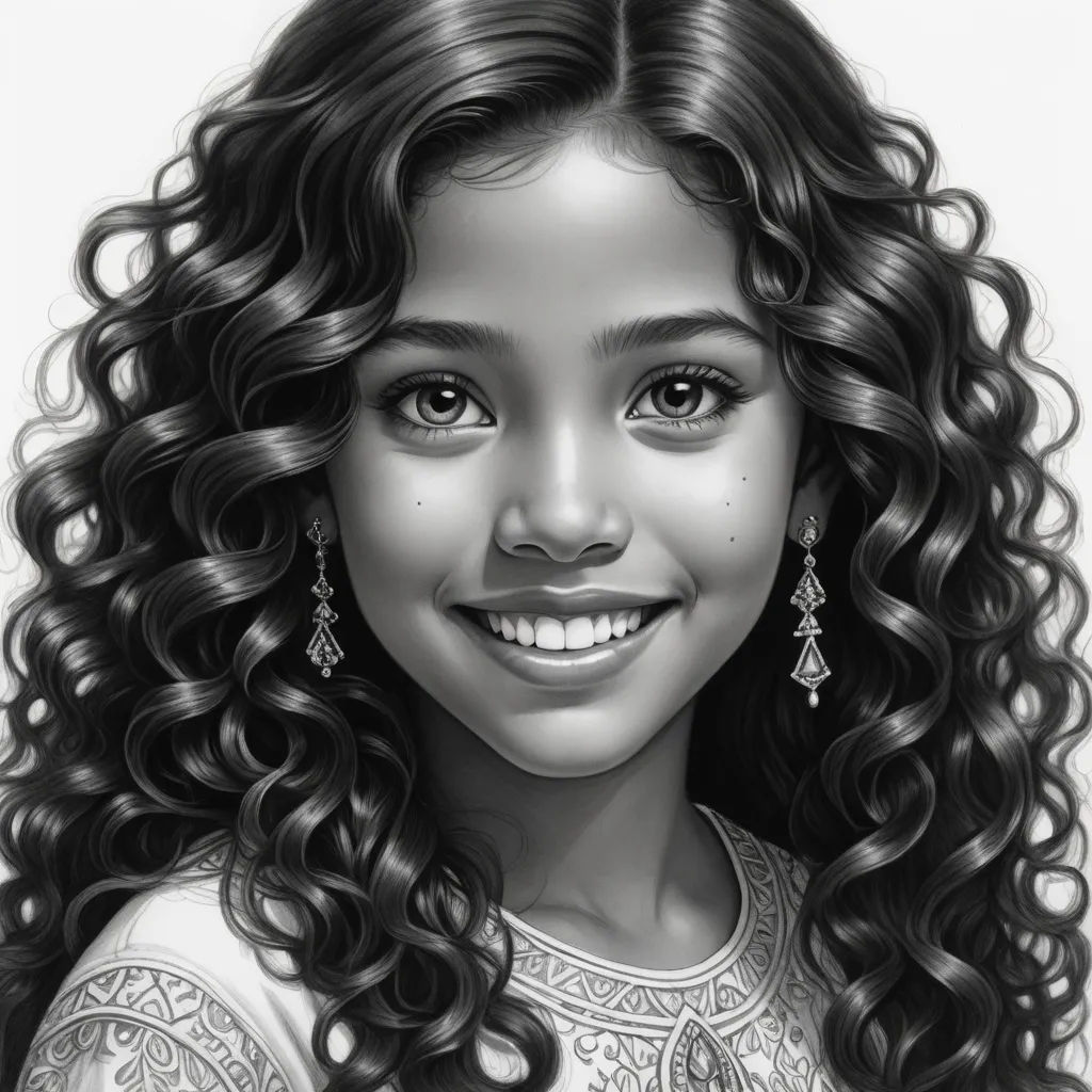 a drawing of a girl with long curly hair and a smile on her face, wearing earrings and a white dress, photorealism, an ultrafine detailed painting, Alice Prin, highly detailed digital painting