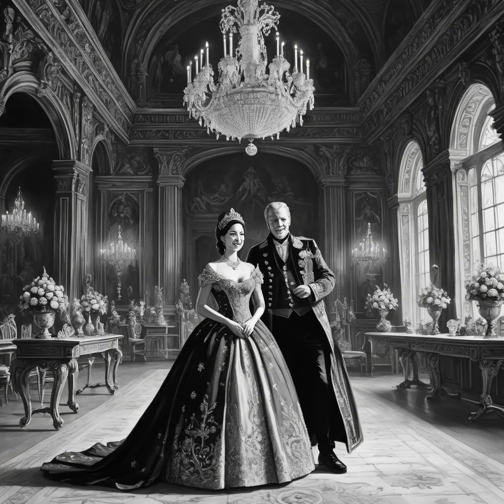 a man and woman in formal dress standing in a room with chandeliers and chandeliers on the ceiling, photorealism, an ultrafine detailed painting, Edward George Handel Lucas, official art
